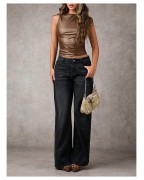 Women's Faux Leather Shirt Pleated Vest