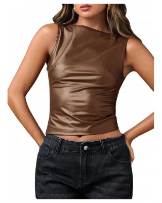 Women's Faux Leather Shirt Pleated Vest