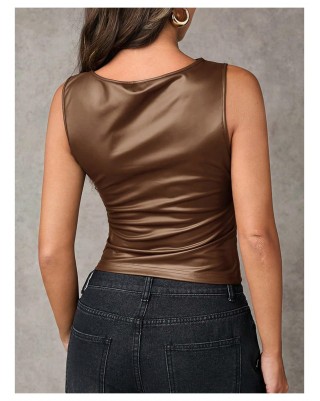 Women's Faux Leather Shirt Pleated Vest