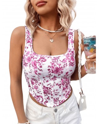 Women's Floral Square Neck Curved Vest