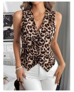Women's Leopard Print Button Vest V Neck Sleeveless Tank Top