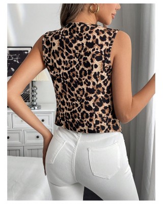 Women's Leopard Print Button Vest V Neck Sleeveless Tank Top