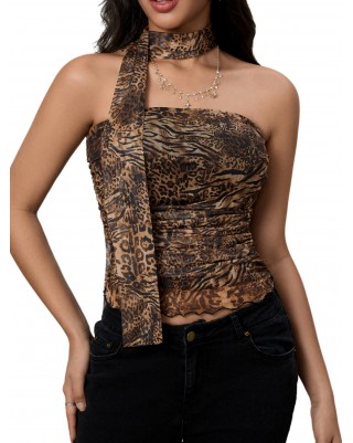 Women's Leopard Print Bandeau Cheetah Mesh Camisole Top