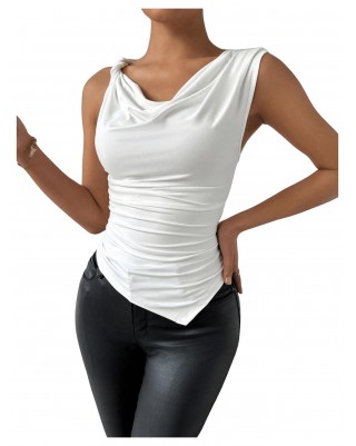 Women's One Shoulder Pleated Asymmetric Fitted Tank Top