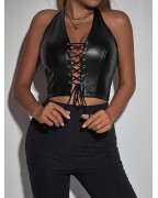 Women's PU Leather Lace-Up Backless Camisole