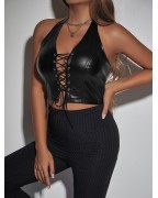 Women's PU Leather Lace-Up Backless Camisole
