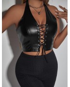 Women's PU Leather Lace-Up Backless Camisole
