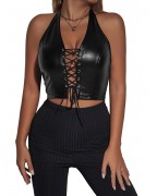 Women's PU Leather Lace-Up Backless Camisole