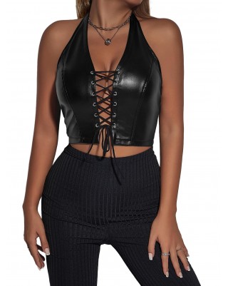 Women's PU Leather Lace-Up Backless Camisole