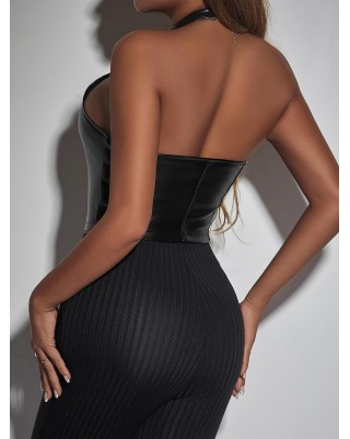 Women's PU Leather Lace-Up Backless Camisole