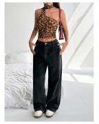 Women's Ruffled Leopard Print Asymmetric Neck Tank Top