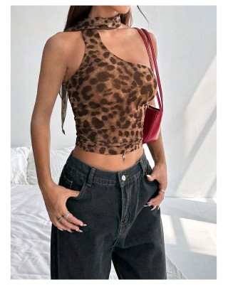 Women's Ruffled Leopard Print Asymmetric Neck Tank Top