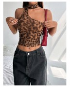 Women's Ruffled Leopard Print Asymmetric Neck Tank Top
