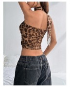 Women's Ruffled Leopard Print Asymmetric Neck Tank Top
