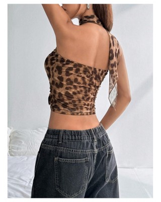 Women's Ruffled Leopard Print Asymmetric Neck Tank Top