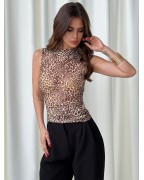 Leopard Print Mesh Vest Sexy Stand Collar Sleeveless Vest