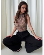 Leopard Print Mesh Vest Sexy Stand Collar Sleeveless Vest