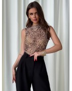 Leopard Print Mesh Vest Sexy Stand Collar Sleeveless Vest
